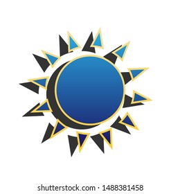 Sun sign illustration. Blue icon with gold contour with dark gray shadow at white background. Illustration.