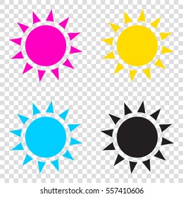 Sun sign illustration. CMYK icons on transparent background. Cyan, magenta, yellow, key, black.