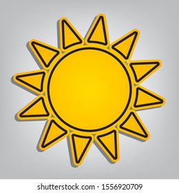 Sun sign illustration. Flat orange icon with overlapping linear black icon with gray shadow at whitish background. Illustration.