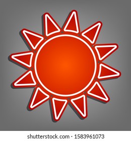 Sun sign illustration. Flat red icon with linear white icon with gray shadow at grayish background. Illustration.