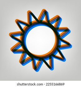 Sun sign illustration. Stroked Icon in orange, azure and old lavender Colors at gray Background. Illustration.