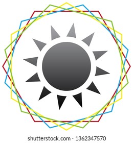 Sun sign illustration. Vector. Black icon with patch of light inside colorful hexagonal frames at white background.