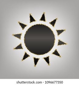 Sun sign illustration. Vector. Blackish icon with golden stars at grayish background.