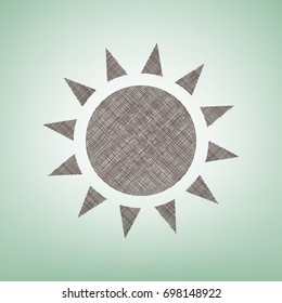 Sun sign illustration. Vector. Brown flax icon on green background with light spot at the center.