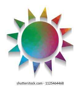 Sun sign illustration. Vector. Colorful icon with bright texture of mosaic with soft shadow on white background. Isolated.