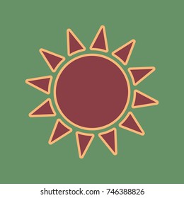 Sun sign illustration. Vector. Cordovan icon and mellow apricot halo with light khaki filled space at russian green background.