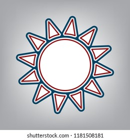 Sun sign illustration. Vector. Dark red, transparent and midnight green stroke of white icon at grayish background.