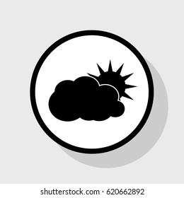 Sun sign illustration. Vector. Flat black icon in white circle with shadow at gray background.