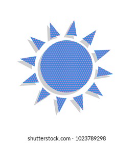 Sun sign illustration. Vector. Neon blue icon with cyclamen polka dots pattern with light gray shadow on white background. Isolated.