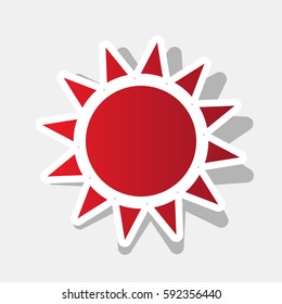 Sun sign illustration. Vector. New year reddish icon with outside stroke and gray shadow on light gray background.