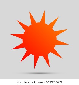 Sun sign illustration. Vector. Orange, red-yellow icon with shadow on gray background.