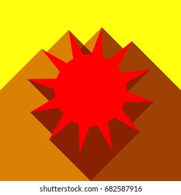 Sun sign illustration. Vector. Red icon with two flat reddish shadows on yellow background.