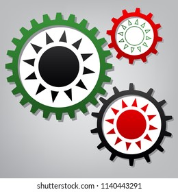 Sun sign illustration. Vector. Three connected gears with icons at grayish background.
