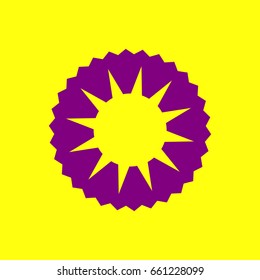 Sun sign illustration. Vector. Violet label with hole as icon on yellow background.