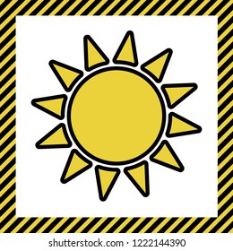 Sun sign illustration. Vector. Warm yellow icon with black contour in frame named as under construction at white background. Isolated.