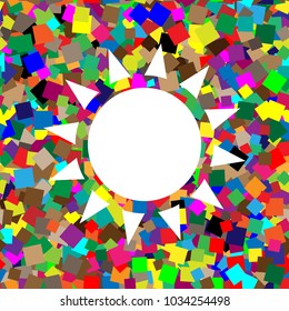 Sun sign illustration. Vector. White icon on colorful background with seamless pattern from squares.