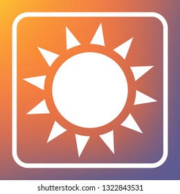 Sun sign illustration. Vector. White icon on transparent button at orange-violet gradient background.