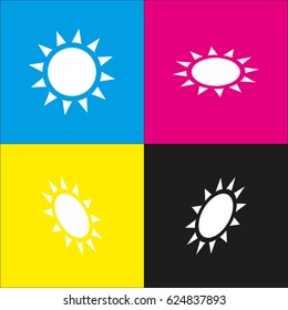 Sun sign illustration. Vector. White icon with isometric projections on cyan, magenta, yellow and black backgrounds.