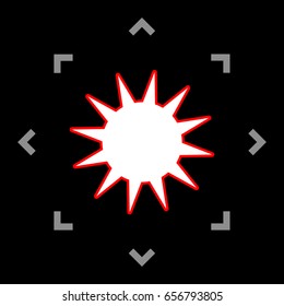 Sun sign illustration. Vector. White icon in gray focus like mandala on black background.