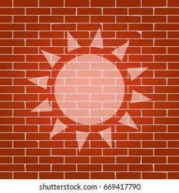 Sun sign illustration. Vector. Whitish icon on brick wall as background.