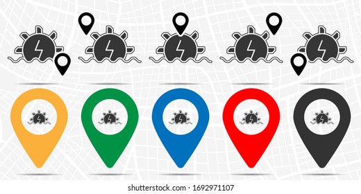 The sun with the sign of lightning icon in location set. Simple glyph, flat illustration element of sustainable energy theme icons