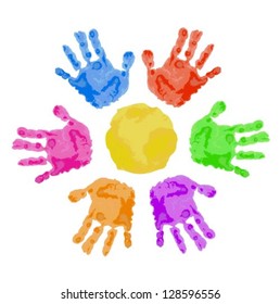 sun sign is made of colorful child hand prints