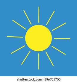 Sun sign on blue background. Sol icon vector flat. Sun basic  symbol. Sticker sun isolate on blue background. Flat vector image. Sun picture, graphic. Vector illustration.