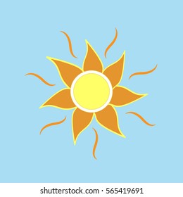 The sun sign on blue background. Orange solar mark. Bright, sunny icon good mood. Isolated logo spring, summer. Symbol hot, warm, sunlight and good weather. Flat vector image. Vector illustration.