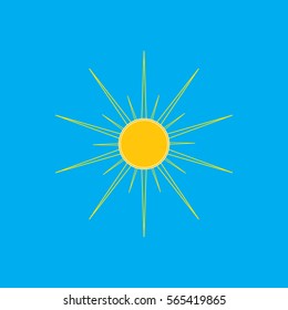 The sun sign on blue background. Orange solar mark. Bright, sunny icon good mood. Isolated logo spring, summer. Symbol hot, warm, sunlight and good weather. Flat vector image. Vector illustration.