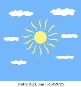 The sun sign on blue background. Yellow solar mark. Bright, sunny icon good mood. Isolated logo spring, summer. Symbol hot, warm, sunlight and good weather. Flat vector image. Vector illustration.