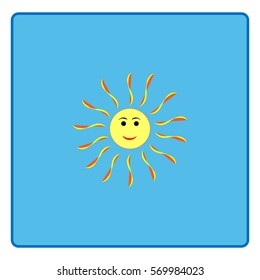 The sun sign on blue background. Orange solar mark. Bright, sunny icon good mood. Isolated logo spring, summer. Symbol hot, warm, sunlight and good weather. Flat vector image. Vector illustration.