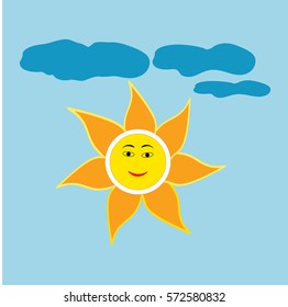 The sun sign on blue background. Orange solar mark. Bright, sunny icon good mood. Isolated logo spring, summer. Symbol hot, warm, sunlight and good weather. Flat vector image. Vector illustration.