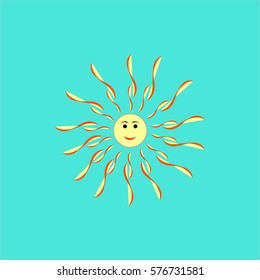 The sun sign on blue background. Orange solar mark. Bright, sunny icon good mood. Isolated logo spring, summer. Symbol hot, warm, sunlight and good weather. Flat vector image. Vector illustration.