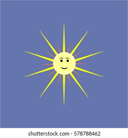 The sun sign on blue background. Orange solar mark. Bright, sunny icon good mood. Isolated logo spring, summer. Symbol hot, warm, sunlight and good weather. Flat vector image. Vector illustration.