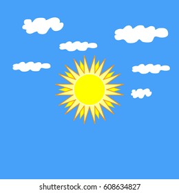 The sun sign on blue background. Orange solar mark. Bright, sunny icon good mood. Isolated logo spring, summer. Symbol hot, warm, sunlight and good weather. Flat vector image. Vector illustration.