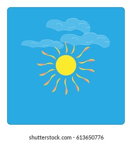 The sun sign on blue background. Orange solar mark. Bright, sunny icon good mood. Isolated logo spring, summer. Symbol hot, warm, sunlight and good weather. Flat vector image. Vector illustration.