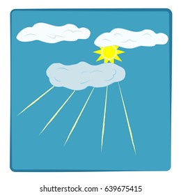 The sun sign on blue background. Orange solar and cloud mark. Bright, sunny icon good mood. Isolated logo spring, summer. Symbol hot, warm, sunlight and good weather. Flat image. Vector illustration.
