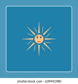 The sun sign on blue background. Orange solar mark. Bright, sunny icon good mood. Isolated logo spring, summer. Symbol hot, warm, sunlight and good weather. Flat vector image. 