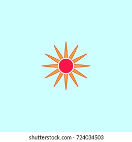 Sun sign on blue background. Sol icon flat, basic symbol. Sticker template for prints, textiles, label, card, poster. Design flat image. Isolated graphic element. Day-star. Vector illustration.