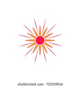 Sun sign on blue background. Sol icon flat, basic symbol. Sticker template for prints, textiles, label, card, poster. Design flat image. Isolated graphic element. Day-star pict ur Vector illustration.