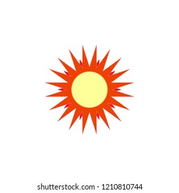 Sun sign on white background. Orange solar symbol. Sol icon vector flat. Sun basic symbol. Sticker sun isolate on background. Flat vector image. Sun picture, graphic. Vector illustration.