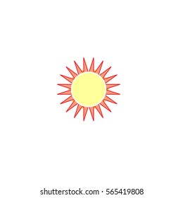 The sun sign on white background. Orange solar mark. Bright, sunny icon good mood. Isolated logo spring, summer. Symbol hot, warm, sunlight and good weather. Flat vector image. Vector illustration.