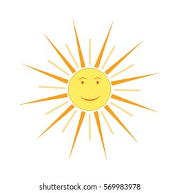 The sun sign on white background. Orange solar mark. Bright, sunny icon good mood. Isolated logo spring, summer. Symbol hot, warm, sunlight and good weather. Flat vector image. Vector illustration.