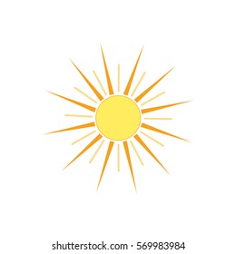 The sun sign on white background. Orange solar mark. Bright, sunny icon good mood. Isolated logo spring, summer. Symbol hot, warm, sunlight and good weather. Flat vector image. Vector illustration.