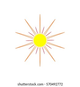The sun sign on white background. Orange solar mark. Bright, sunny icon good mood. Isolated logo spring, summer. Symbol hot, warm, sunlight and good weather. Flat vector image. Vector illustration.