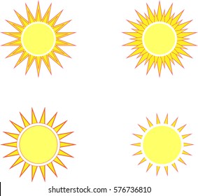 The sun sign on white background. Orange solar mark. Bright, sunny icon good mood. Isolated logo spring, summer. Symbol hot, warm, sunlight and good weather. Flat vector image. Vector illustration.