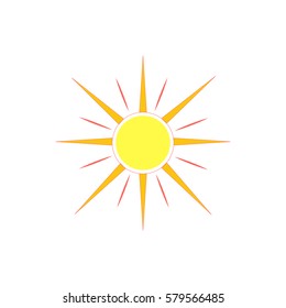 The sun sign on white background. Orange solar mark. Bright, sunny icon good mood. Isolated logo spring, summer. Symbol hot, warm, sunlight and good weather. Flat vector image. Vector illustration.
