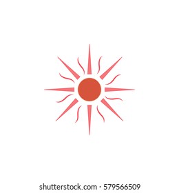 The sun sign on white background. Orange solar mark. Bright, sunny icon good mood. Isolated logo spring, summer. Symbol hot, warm, sunlight and good weather. Flat vector image. Vector illustration.