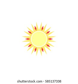 The sun sign on white background. Orange solar mark. Bright, sunny icon good mood. Isolated logo spring, summer. Symbol hot, warm, sunlight and good weather. Flat vector image. Vector illustration.
