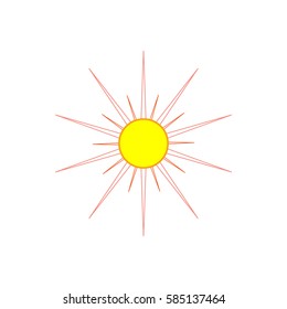 The sun sign on white background. Orange solar mark. Bright, sunny icon good mood. Isolated logo spring, summer. Symbol hot, warm, sunlight and good weather. Flat vector image. Vector illustration.